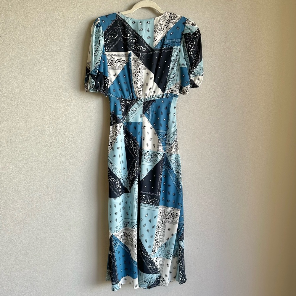 STAUD Milla Midi Dress Patchwork Bandana Capri w/ Short Puff Sleeves & Slit - Picture 4 of 11